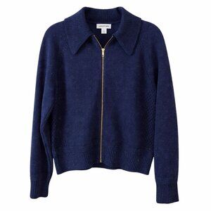 Lands’ End Navy Cotton Drifter Zip Sweater Pointed Collar Women’s Large 14-16